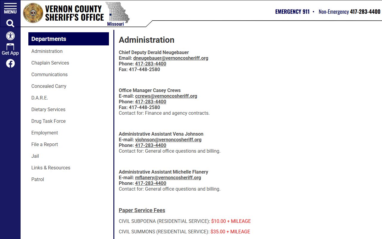 Vernon County Jail records request sheriff administration page